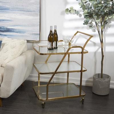 Metal Glass Shelf 3 Tier Gold Bar Cart with Side Guards and Handle by Everly Quinn