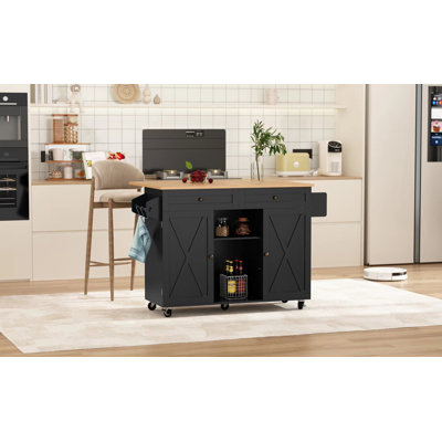 Jaye 51.7" Kitchen Island on Wheels with Storage Cabinet with Drop Leaf Countertop by Wildon Home