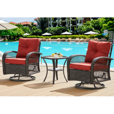Kaycey 3 Piece Outdoor Rattan Swivel and Glider Seating Group, Patio Rocking Chairs with Cushions by Winston Porter