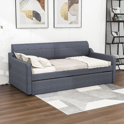 Basiliki Twin Size Upholstered Daybed with Trundle and USB Charging Design by Hokku Designs