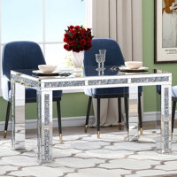 Douty Lamatan Mirrored Dining Table Glass Top with 4 Legs Crushed Diamond Inlay by Mercer41