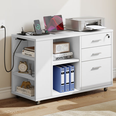 Ardeha 39" W 3-Tiers Wood Storage File Cabinet with 3 Drawers &3 Side Storage Shelve &Built-In Outlet by Wade Logan