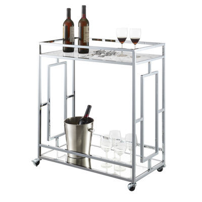 Audranna Faux Marble Mirrored Bar Cart with Wheels by Wade Logan