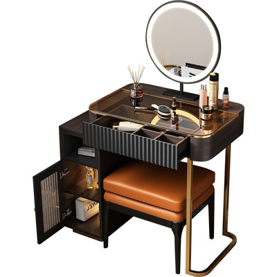 Glass top Makeup Vanity set, Expandable, Corner by Everly Quinn