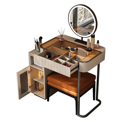 Glass top Makeup Vanity set, Expandable, Corner by Everly Quinn