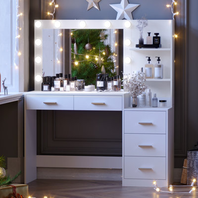 Kimberely 46.7" Vanity Table with Side Storage Shelf & 5 Drawers, Makeup Vanity Desk, 3-Color Lighted Mirror by Latitude Run
