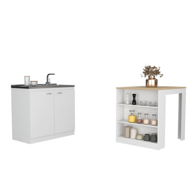 Covelo 2-Piece Kitchen Set with Utility Sink Cabinet and Kitchen Island, White Light Oak by Ebern Designs