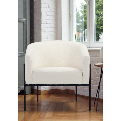 Amanda 29" W Polyester Barrel Chair - Boucle Arm Chair – Modern Accent Lounge Chair in Upholstered White Bouclé with Black Metal Legs - White Arm Chai by Wade Logan