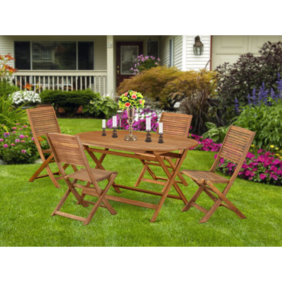 5 Piece Patio Garden Table Set Includes an Oval Acacia Table and 4 Folding Side Chairs by Winston Porter