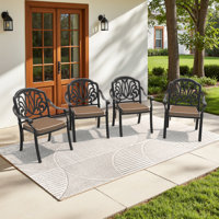 Cast Aluminum Patio Stacking Armchair 4PCS With Black Frame And Cushions In Brown Colors by World Menagerie