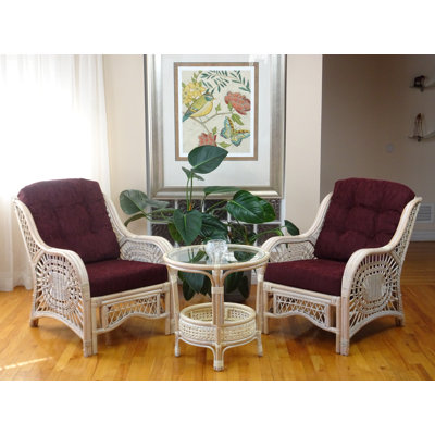 Zooey 2 Piece Malibu Living Chairs Natural Rattan Wicker and Round Coffee Table Set w/ Glass, White by Bay Isle Home