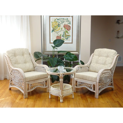 Zooey 2 Piece Malibu Living Chairs Natural Rattan Wicker and Round Coffee Table Set w/ Glass, White by Bay Isle Home