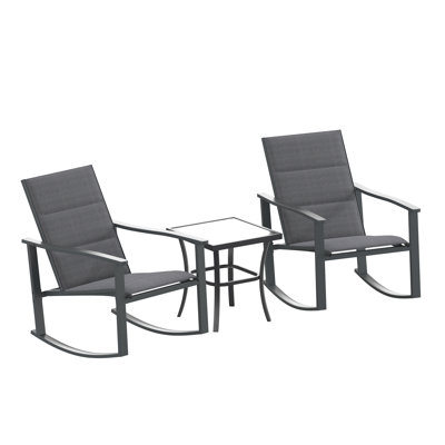 Killona 3 Piece Outdoor Rocking Chair Bistro Set with Flex Comfort Material and Metal Framed Glass Top Table