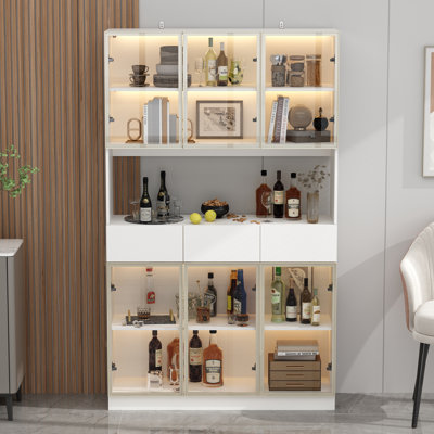Hutch Cabinet, Kitchen Hutch With Light, Cabinet On Storage Island, Kitchenware Server With 3 Large Drawers, 6 Doors And 1 Open Shelf