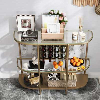 Itasca Metal Wine Bar Stand with 4-Tier Storage, Tempered Glass Wine Rack Table with Glass Holders by Willa Arlo Interiors