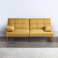 Gina 71 Inch Adjustable Futon Sofa Bed, Square Tufted, Tapered Legs, Black by George Oliver