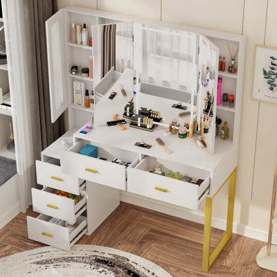 Cornelius Makeup Vanity Desk with Tir-fold Lighted Mirror by Everly Quinn