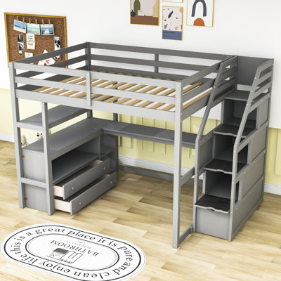 Finck Wooden Loft Bed with Desk,Staircase and Shelves by Harriet Bee