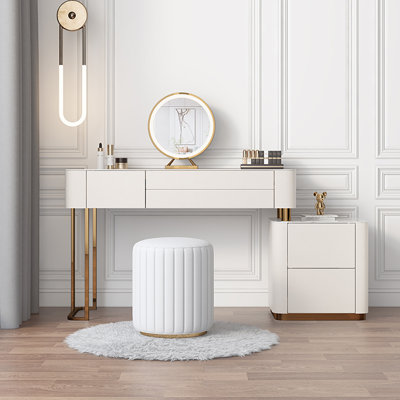 Edorta Vanity Desk with Mirror and Lights, Modern Makeup Vanity Table Set with 4 Storage Drawers and Vanity Stool by Hokku Designs