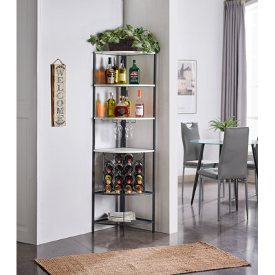 5 Tier Corner Wine Rack with Glass Holder and Storage Shelves, Wine Bar Cabinet for Living Room, Dining Room, Kitchen by 17 Stories