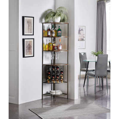 5 Tier Corner Wine Rack with Glass Holder and Storage Shelves, Wine Bar Cabinet for Living Room, Dining Room, Kitchen by 17 Stories