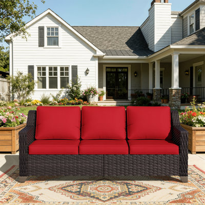 Rivendell 76.77" Wide Outdoor Wicker Patio Sofa with Cushions by Wildon Home