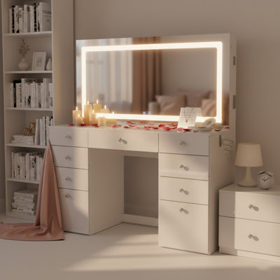 Leonore Premium Makeup Vanity with Bluetooth Speakers, LED Mirror, and 9 Drawers by Boahaus LLC
