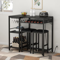 Bar Table and Chairs Set with Power Outlet, Pub Table and Chairs Set for 2 with 2 Storage Shelves by 17 Stories