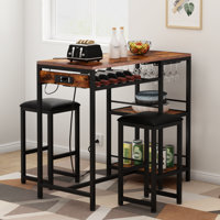 Bar Table and Chairs Set with Power Outlet, Pub Table and Chairs Set for 2 with 2 Storage Shelves by 17 Stories