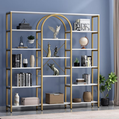Doraine Triple Wide Gold Bookshelf, 70.87" W x 71.34" H Large Modern Etagere Bookcase by Mercer41