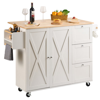 Gracie Oaks 45.3" Solid Wood Kitchen Island, Mobile Carts With Spice Rack, Towel Rack, Drop Leaf And Drawers by Gracie Oaks