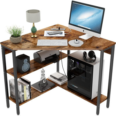 Hatal Corner Desk with Outlets & USB Ports, 90 Degree Triangle Corner Table with Storage Shelves by 17 Stories