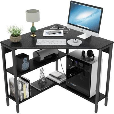 Hatal Corner Desk with Outlets & USB Ports, 90 Degree Triangle Corner Table with Storage Shelves by 17 Stories