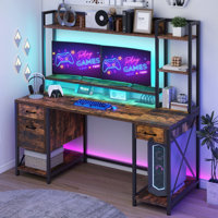 Screven Computer Desk with Drawers & Hutch Shelves, Office Desk with Power Outlets & LED Lights by The Twillery Co.