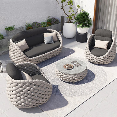 4-Person Outdoor Sofa Set with Arm Chairs, Woven Rope Design & Faux Marble Coffee Table, Waterproof Patio Seating Group