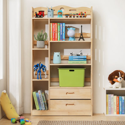 Natural Wooden Bookcase with 2 Drawers, Display Storage Bookshelf for Living Room by Latitude Run