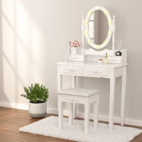 Iliany Vanity with Lighted Mirror, Makeup Vanity Set, Girls Dressing Desk with Stool and 4 Drawers by House of Hampton