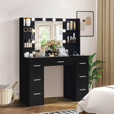 Camyla Makeup Vanity Table with LED Lighted Mirror, Power Outlet,7 Drawers,4 Shelves,5 Jewelry Hooks by Latitude Run
