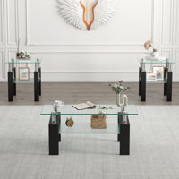 Esbeidy 3-Piece Living Room Table Set with Glass Top, Metal Legs & 2-Tier Storage Shelves, Includes 1 Coffee Table & 2 End Tables by Ivy Bronx