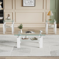 Esbeidy 3-Piece Living Room Table Set with Glass Top, Metal Legs & 2-Tier Storage Shelves, Includes 1 Coffee Table & 2 End Tables by Ivy Bronx
