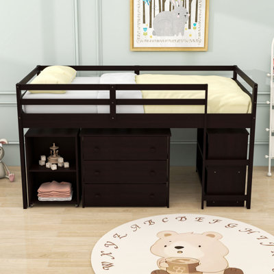 Iago Kids Low Twin 3 Drawers Wood Loft Bed with Rolling Portable Desk and Shelves by Harriet Bee