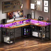 Latarya L-Shaped Desk with Steel Storage Shelves,Reversible Computer Desk with Built-in Outlets and LED Strip Lights by Inbox Zero