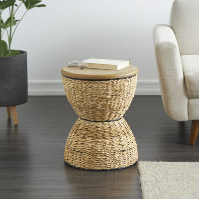 Rattan Handmade Woven Side End Accent Table with Wood Tabletop and Black Frame by Bay Isle Home