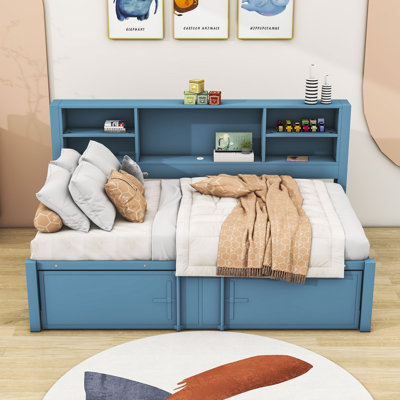 Lit de jour Halbe en métal et bois avec couchette simple, ports USB et tablettes by Hokku Designs