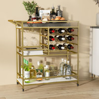 36"H Mirvjena 3 Tier Metal Bar Cart with Wine Rack for Kitchen Living Room Party by Mercer41