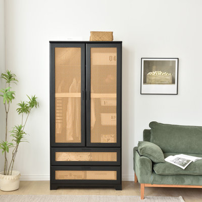 Solid Pine Wood Rattan Closet with 2 Drawers by Bay Isle Home