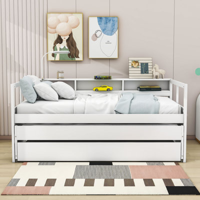 Ajara Twin XL Wooden Daybed with Two Twin Size Trundles and Three Shelves by Wildon Home