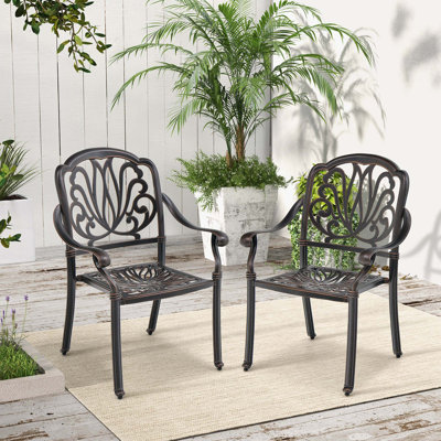 Astoria Grand 2pcs Patio Cast Aluminum Dining Chairs Armrests Outdoor Stackable Bronze by Astoria Grand
