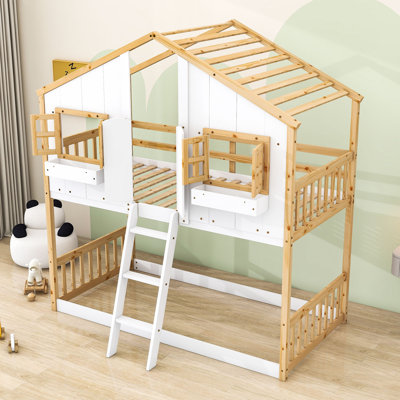 Edmonia Kids Twin Over Twin Wooden House Bunk Bed with Roof and Window by Harper Orchard