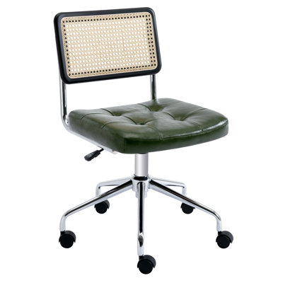 Ayris Mid-Century Modern Faux Leather Adjustable Height Swivel Task Chair with Rattan Back and Chrome Casters Base by Bay Isle Home